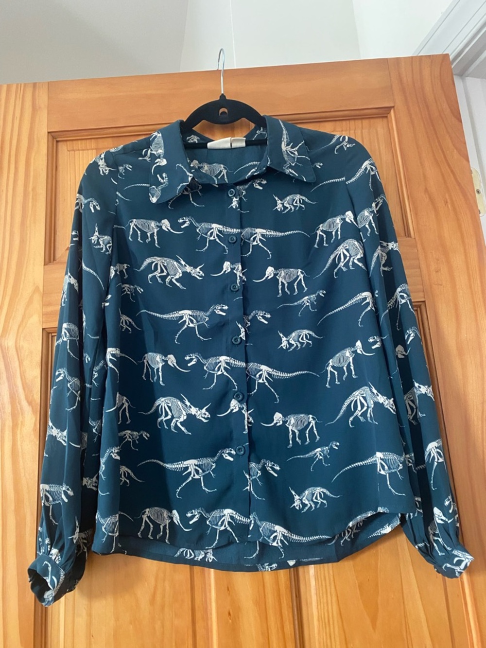 Joanie Dinosaur Skeleton Print Blouse Green Button Front Top UK 8 US 4 - Picture 6 of 12
